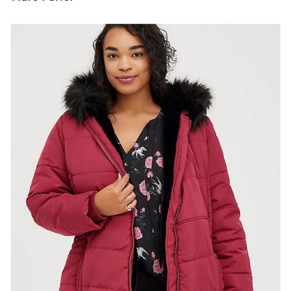 Torrid 2x red Nylon black fur trim fit and flare puffer coat new with tags - Picture 1 of 7